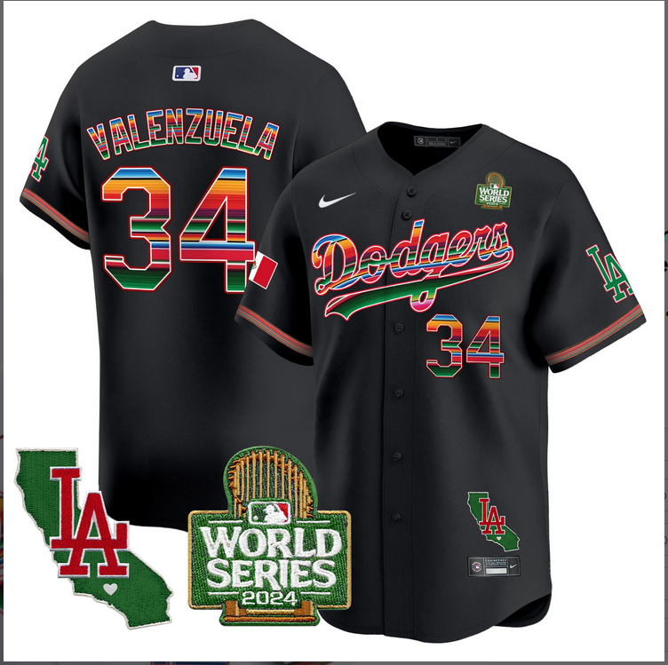 Men MLB Mexico Los Angeles Dodgers #34 Valenzuela black 2024 World Series Champions Patch Jersey 20241105->los angeles dodgers->MLB Jersey